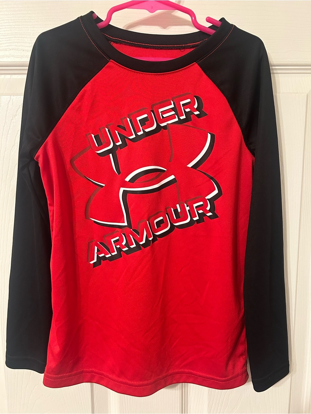 Boys, Under Armour, Red and Black Long Sleeve Logo Tee, Activewear, Size 7